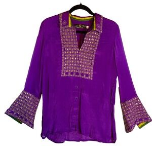 Nazila Couture Purple Viscose Tunic Blouse L Gold Embroidery Bell Sleeve NWOT